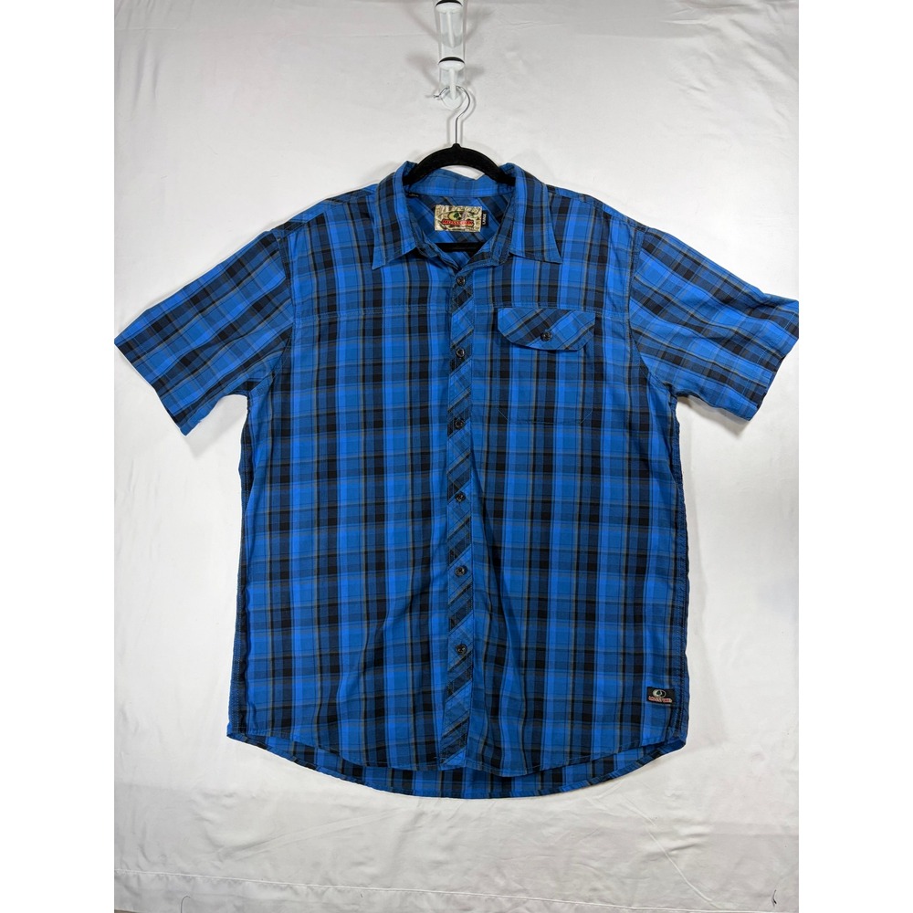 Mossy Oak Button Down Shirt Mens Large Blue Plaid Excellent Short Sleeve Rugged